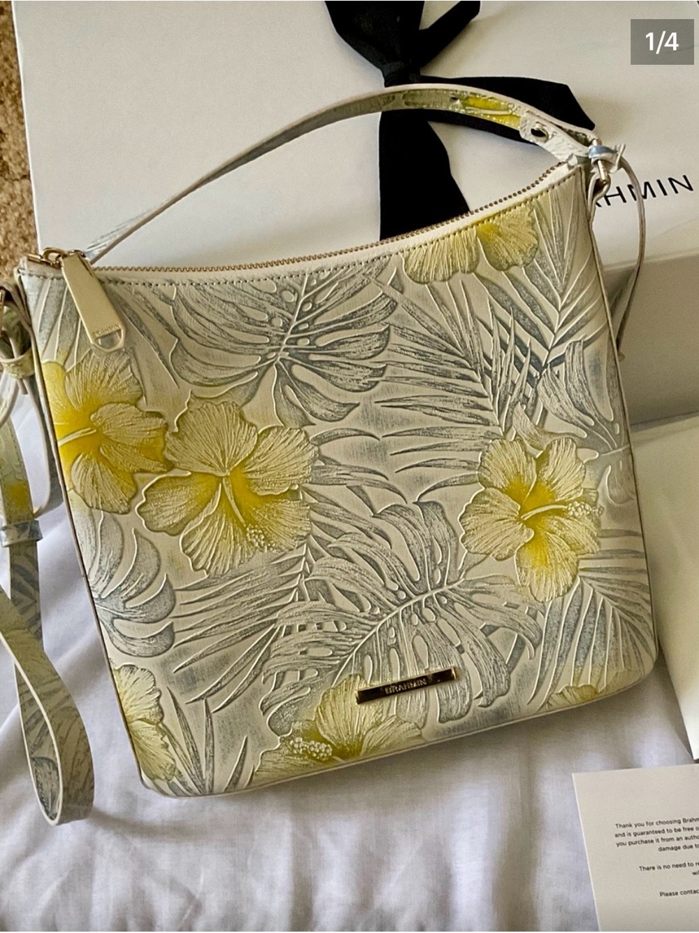 Like New – Brahmin White and Yellow Floral Embossed Leather Crossbody